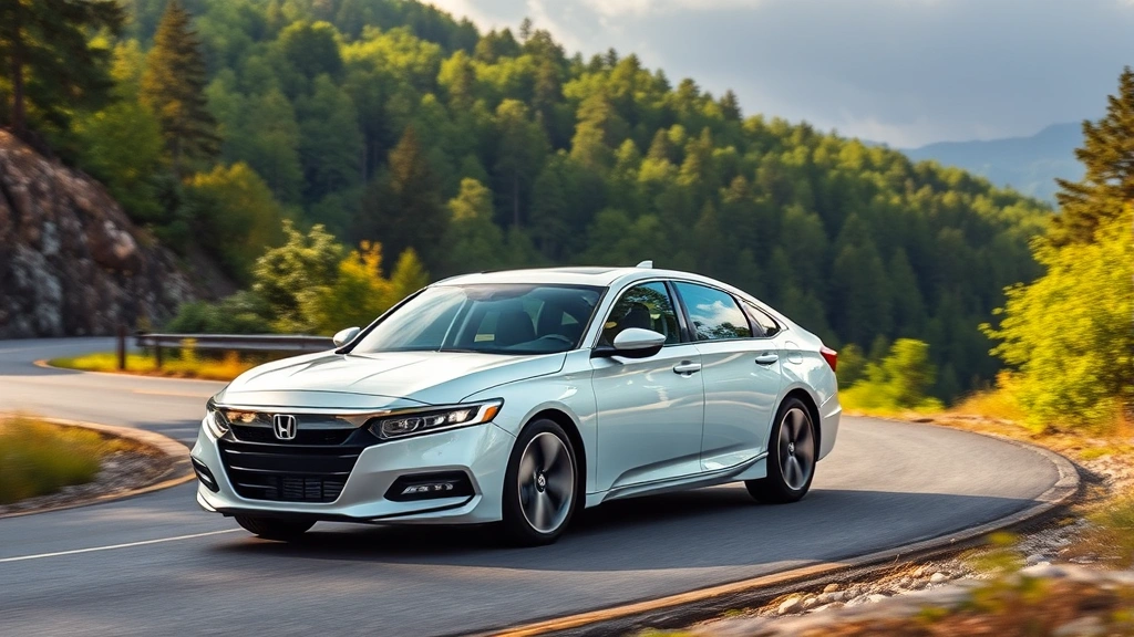 2024 Honda Accord Hybrid in pearl white executing smooth turn on winding mountain road with lush green forest background, dynamic motion photography capturing hybrid efficiency and handling