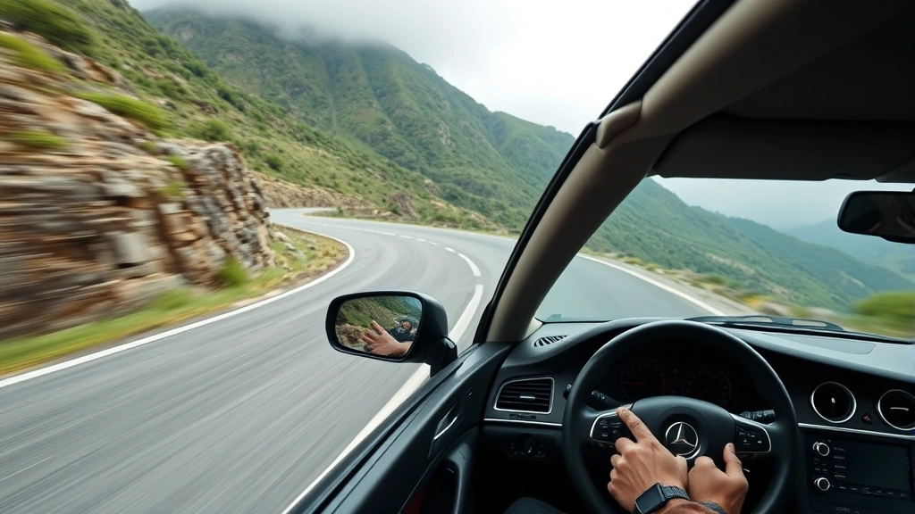 High-performance sedan on curved mountain road, dynamic driving scene, motion blur in background, professional driver gripping steering wheel, sport suspension visible, overcast natural lighting