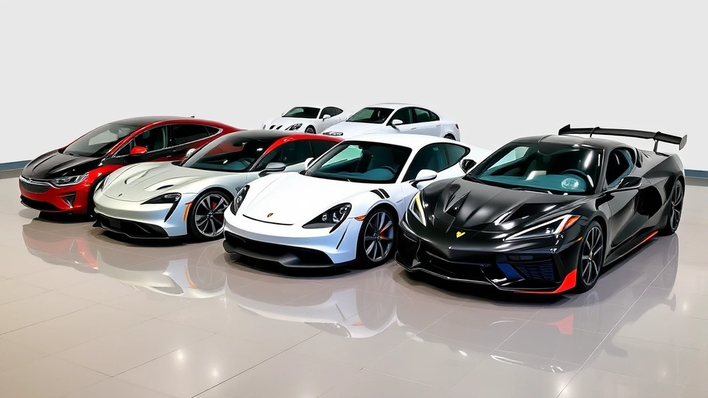 Multiple 2023 luxury and electric vehicles parked side by side on polished showroom floor, including Tesla Model S Plaid, Porsche Taycan, Mercedes-AMG, and Chevrolet Corvette Z06, neutral background