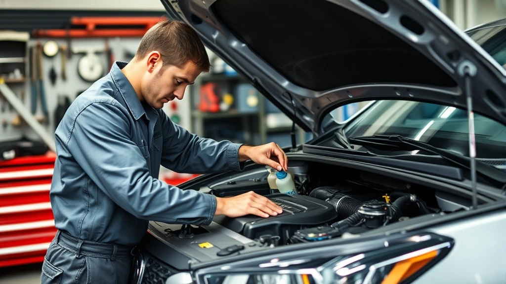 Mechanic performing preventative maintenance on vehicle engine bay, checking fluid levels and inspecting components, professional workshop environment with tools visible