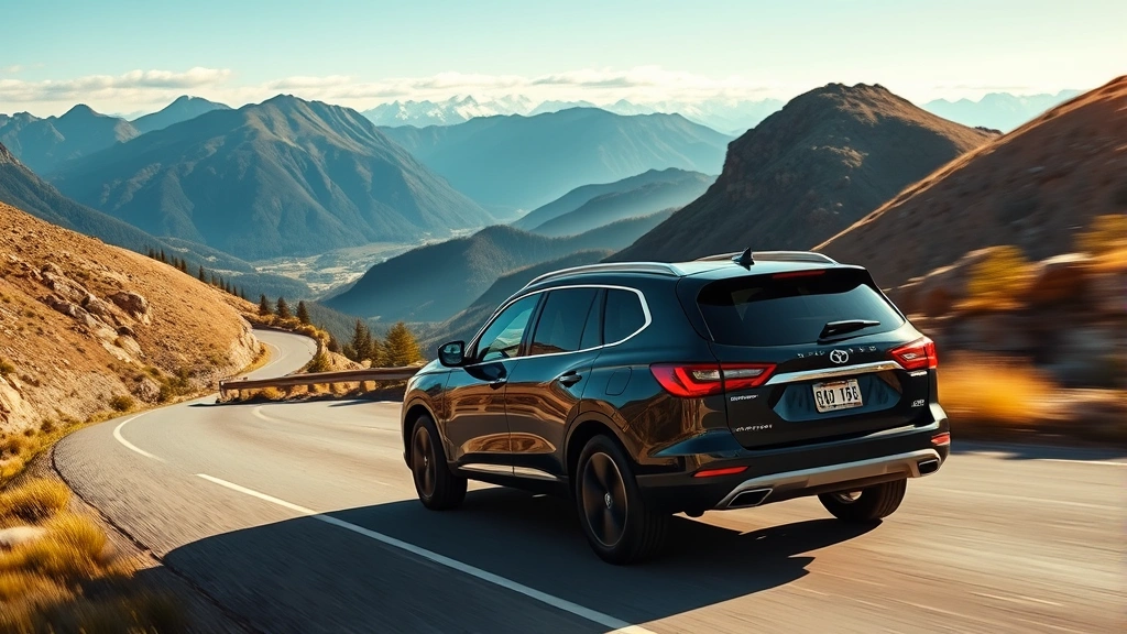 Midsize SUV driving on winding mountain road with scenic vista, demonstrating all-wheel-drive capability and outdoor adventure lifestyle, dynamic motion shot