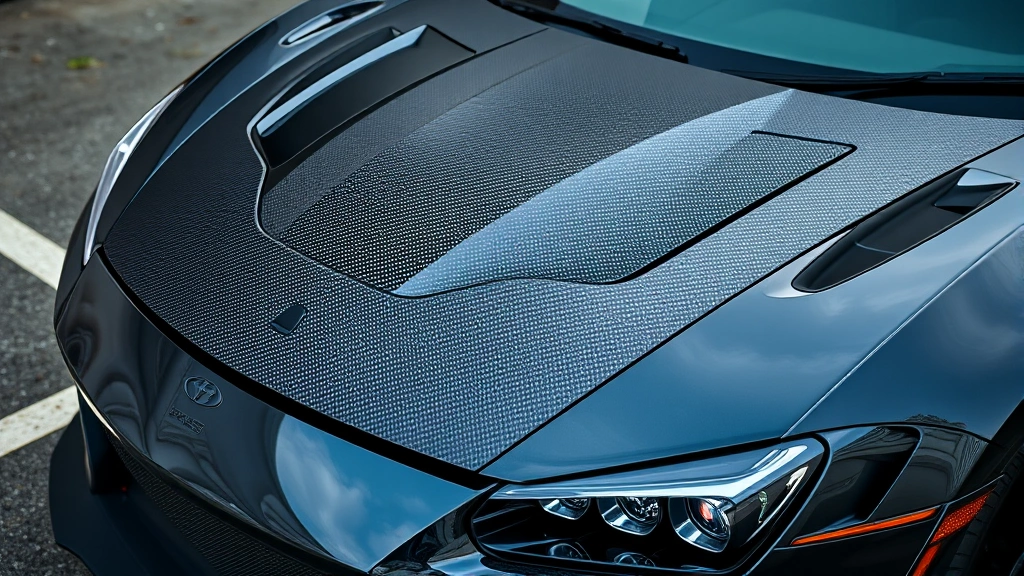 Carbon fiber hood and aerodynamic splitter on modified sports car, detailed exterior customization photography