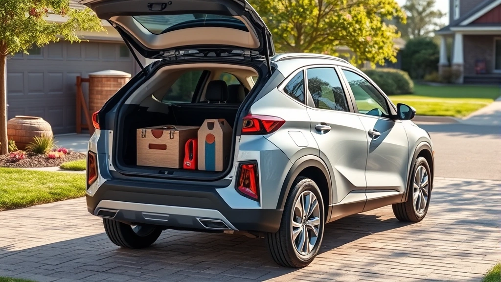 Modern compact hybrid SUV in silver-gray, parked in suburban driveway with family loading cargo, natural daylight, showing spacious cargo area and practical design elements