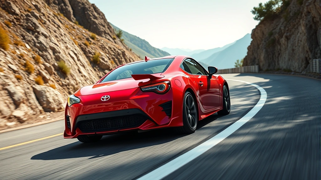 Toyota GR86 bright red sports car on mountain road with sharp corners, natural daylight, dynamic driving angle, wheels gripping road, no visible signage