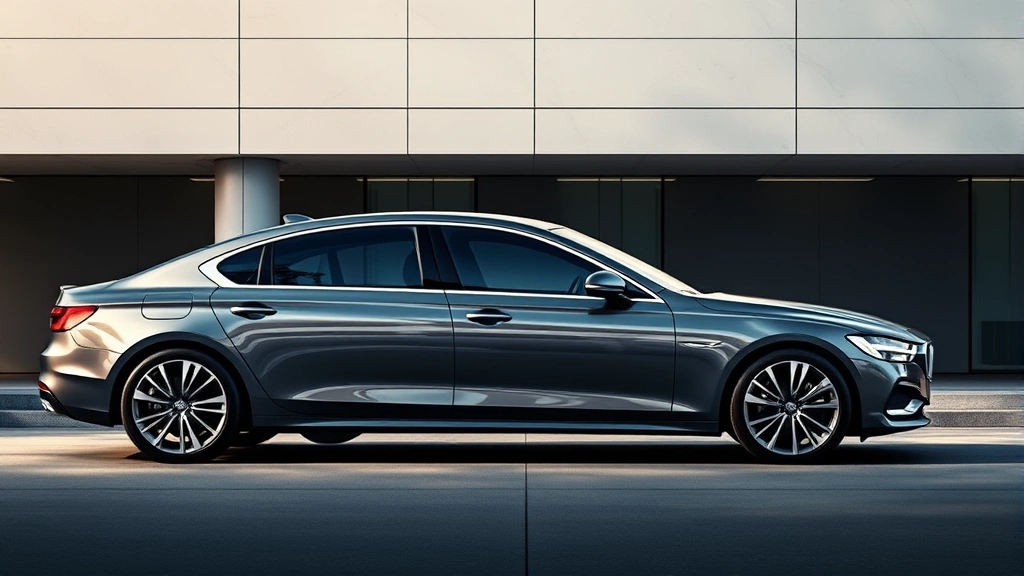 Modern sedan parked in a contemporary setting showcasing sleek design lines, premium wheels, and sophisticated automotive proportions