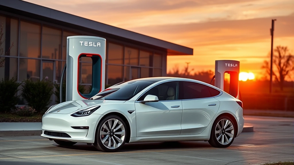 Tesla Model 3 2024 model in white pearl finish, side profile view parked at modern Supercharger station with sunset lighting, clean minimalist aesthetic