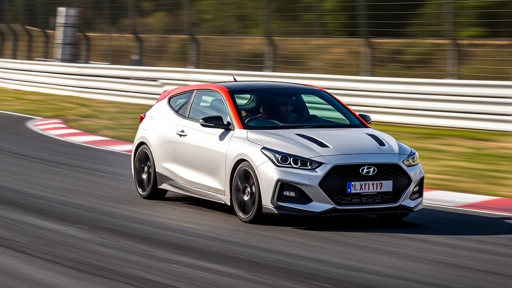 Hyundai Veloster N performance hatchback racing on track, side profile action shot, aggressive bodywork visible, dynamic motion capture, professional motorsport photography