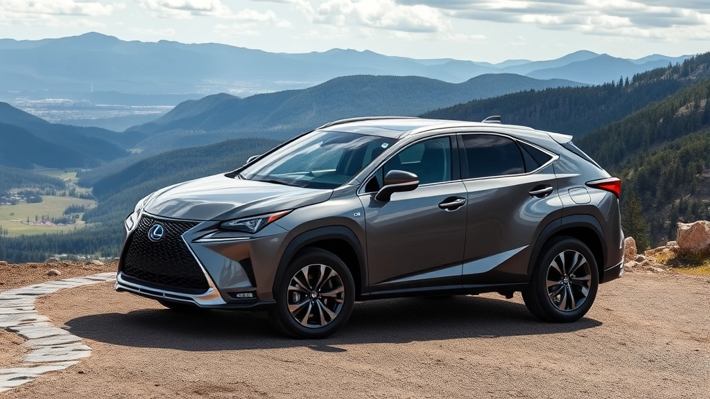 2024 Lexus NX 350h luxury compact SUV in premium gray metallic paint on mountain overlook with scenic valley landscape, professional automotive lifestyle shot