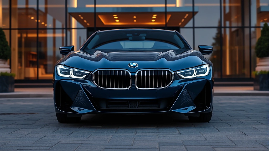 Luxury BMW i7 midnight blue metallic sedan three-quarter front view on premium hotel driveway with glass architecture background, cinematic professional lighting