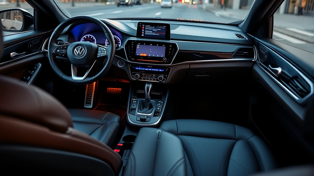 Close-up of sedan dashboard interior showing steering wheel, premium leather seats, and infotainment screen with modern controls and ambient lighting