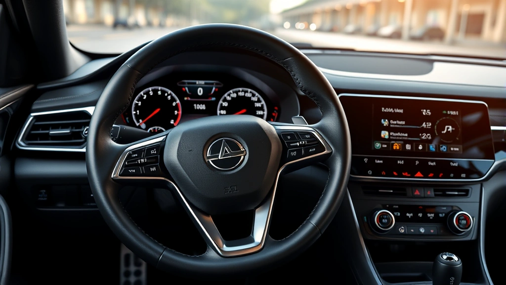 Modern sedan interior dashboard showing digital instrument cluster and steering wheel with premium leather upholstery, soft ambient lighting, contemporary design