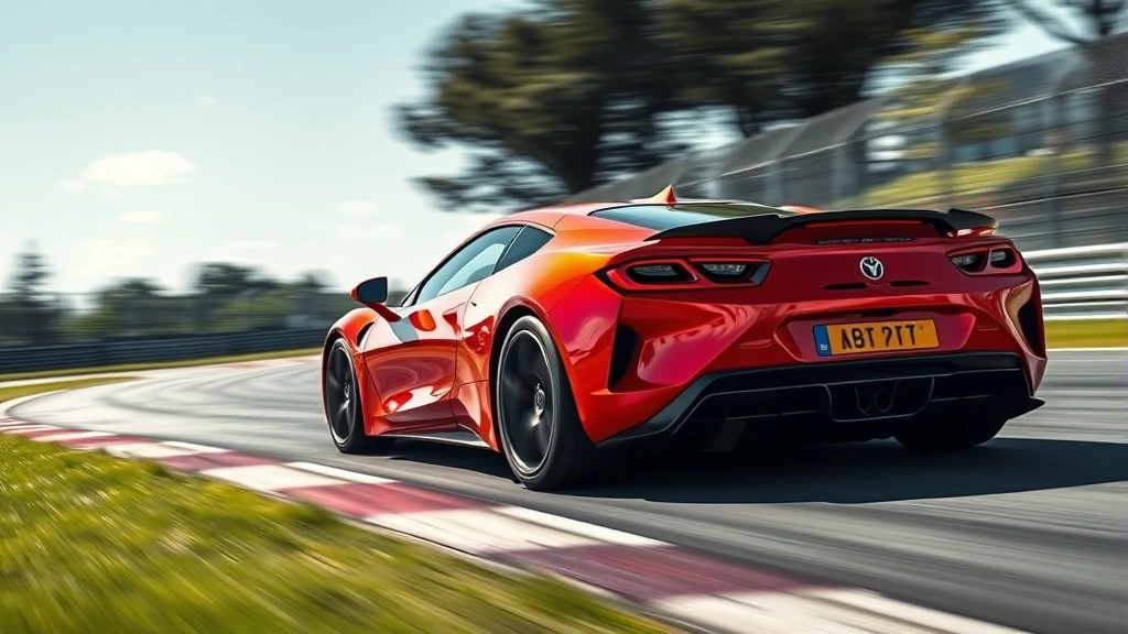 High-performance sports car mid-corner on racetrack, dynamic motion blur background, aggressive aerodynamic body lines, professional motorsport photography, bright sunny conditions, sharp focus on vehicle