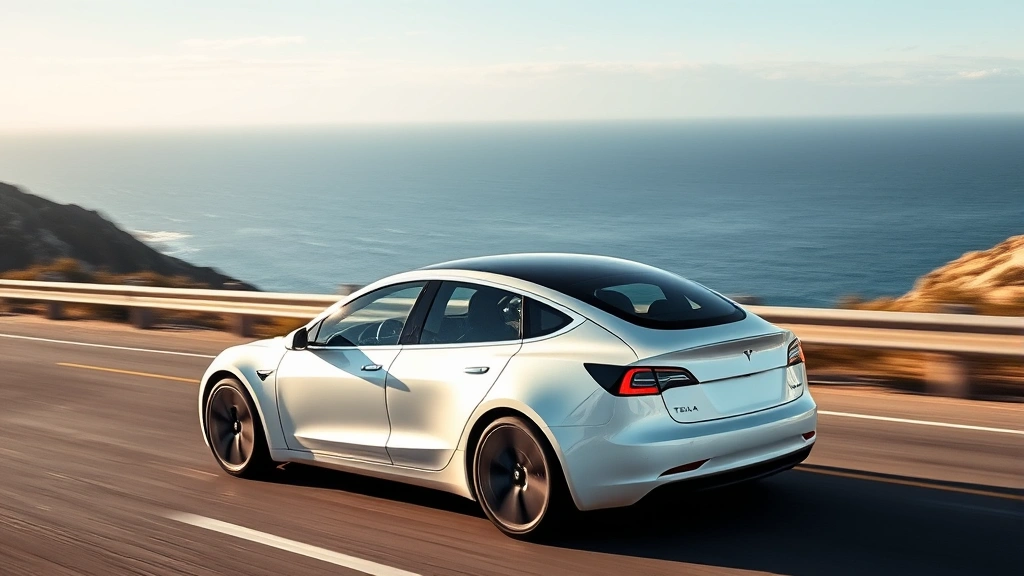 Tesla Model 3 Performance in pearl white multi-coat driving on coastal highway with ocean vista, dynamic motion photography, modern electric vehicle aesthetics, daylight