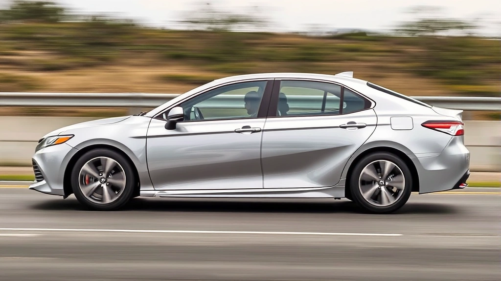 2024 Toyota Camry hybrid sedan in silver, side profile view on highway with blurred background, spacious family sedan, contemporary design, natural daylight photography, reliable midsize vehicle