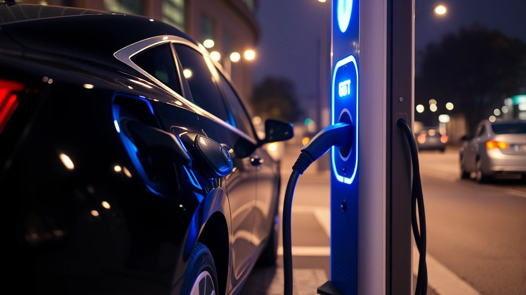 Electric vehicle charging station at night with blue illumination, vehicle plugged in with charging cable, modern urban setting, sleek EV design visible
