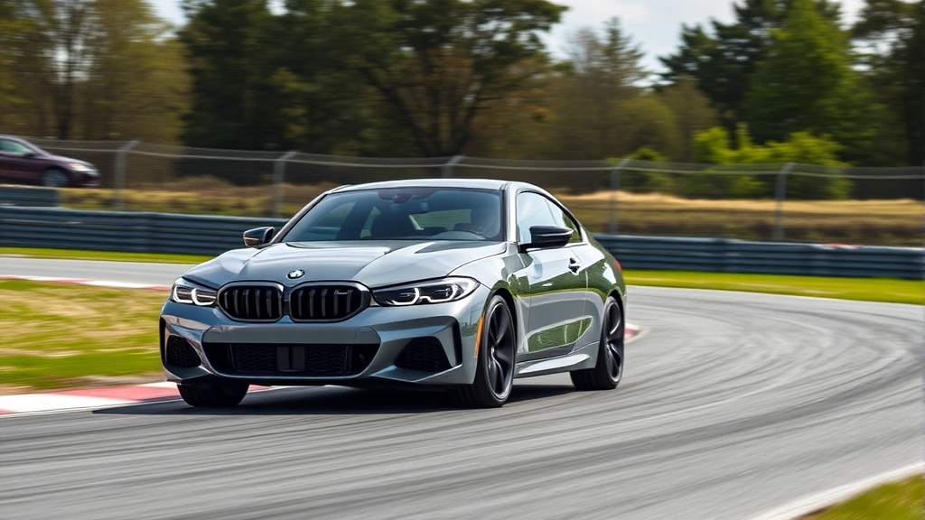High-performance 2024 BMW M440i xDrive sedan on dynamic track driving course with motion blur background, showcasing sport suspension and aggressive styling in natural daylight