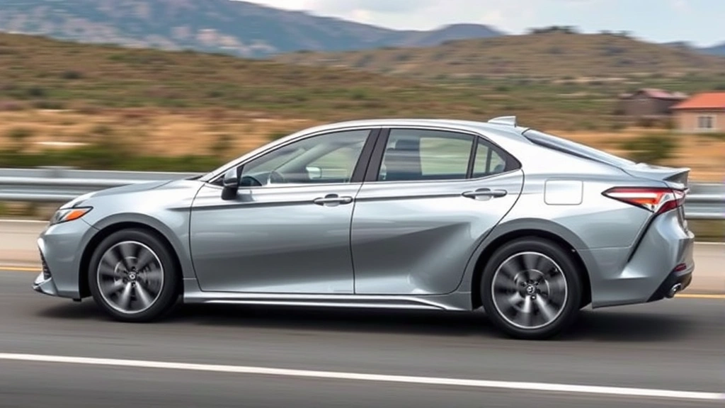 2024 Toyota Camry hybrid sedan side profile, sleek silver finish, highway setting with blurred landscape, modern sedan design, daylight photography