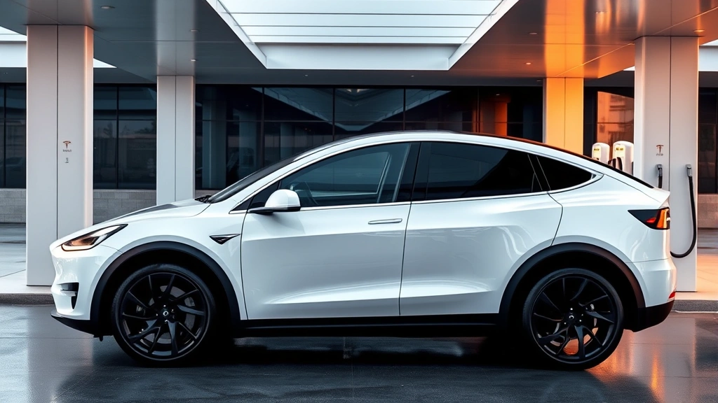 Tesla Model Y Performance electric SUV in pearl white multi-coat parked in modern charging station environment with sleek architecture, showcasing futuristic design and aerodynamic profile