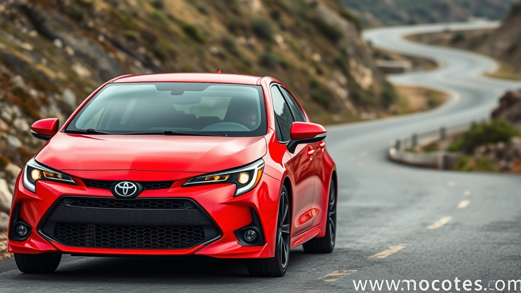Vibrant red Toyota GR Corolla hot hatch on mountain road, aggressive stance with wide wheels visible, winding asphalt curves in background