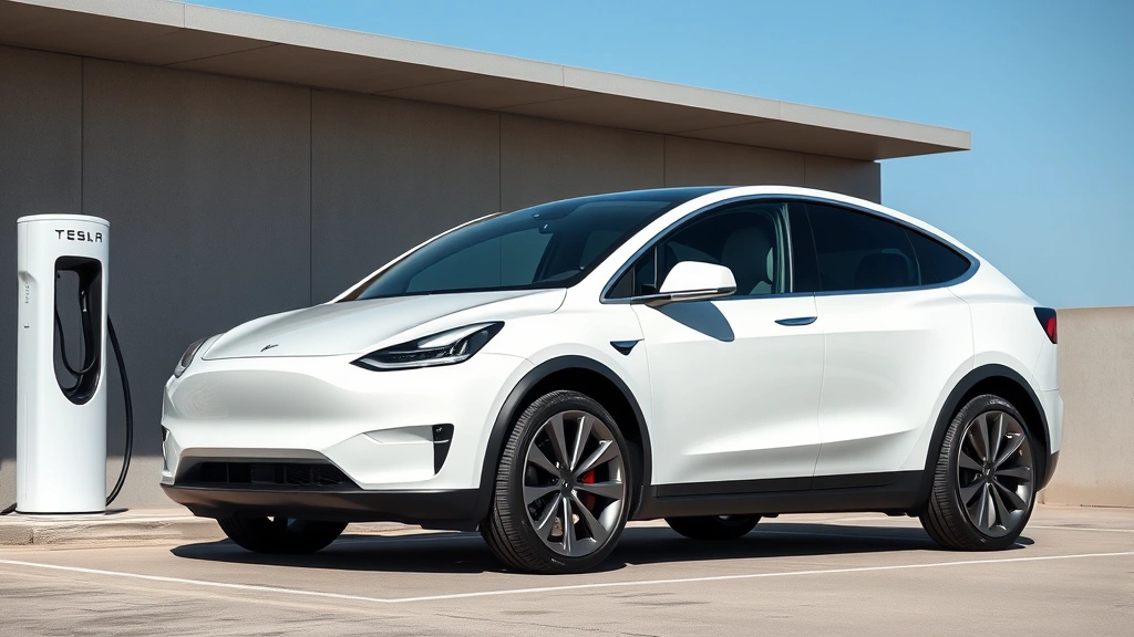 Tesla Model Y electric crossover SUV in pearl white multi-coat, shot from side profile on charging station with modern minimalist design, showcasing vehicle proportions and wheel design, bright daylight