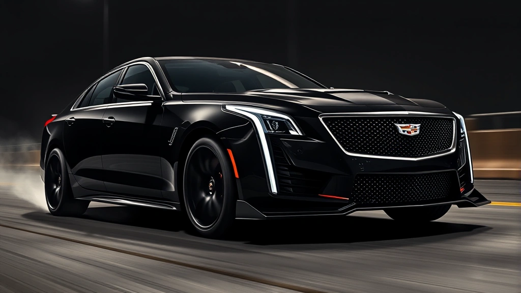 Cadillac CT5-V Blackwing muscle sedan accelerating, aggressive stance, muscular body lines, dramatic lighting, performance-focused composition