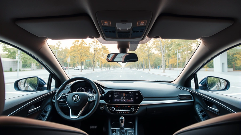 Modern sedan interior dashboard showing digital display and steering wheel, premium materials and ambient lighting, daytime cabin view emphasizing technology