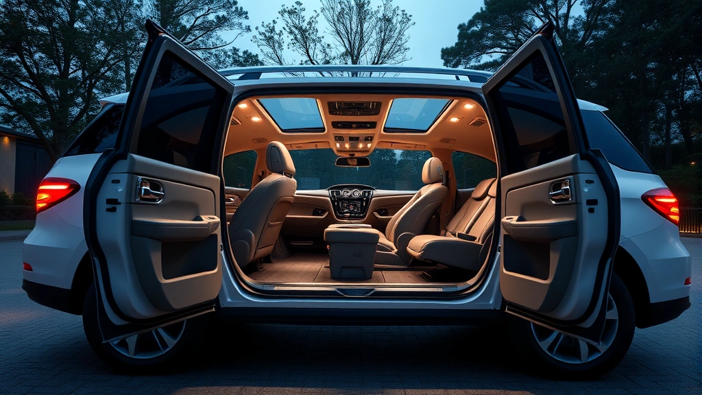 Three-row luxury SUV in pearl white, captured from elevated angle showing spacious interior cabin with ambient lighting, leather seating visible through open doors