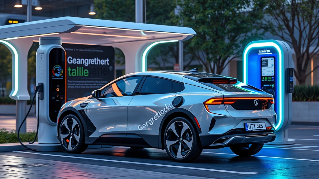 Modern electric vehicle charging at public charging station with futuristic design elements, demonstrating sustainable transportation infrastructure and advanced battery technology