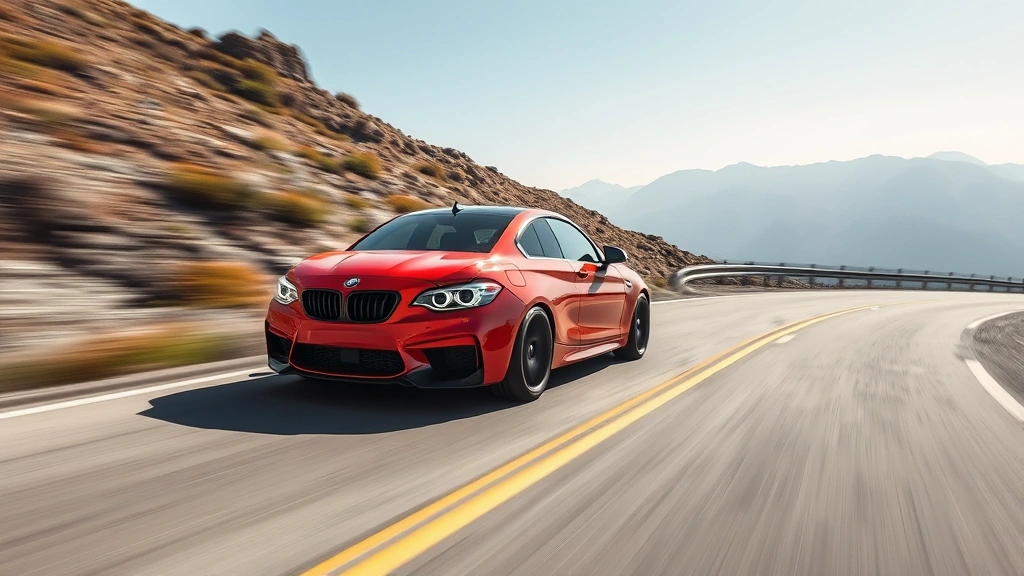 High-speed action shot of sport sedan cornering on empty mountain road, dynamic motion blur, clear sunny day, showcasing handling performance and aggressive stance without visible driver