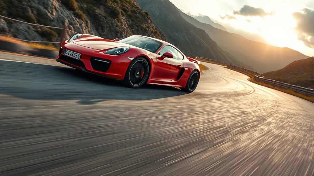 Red Porsche 911 sports car on winding mountain road with dramatic landscape, dynamic angle capturing performance character, professional automotive photography