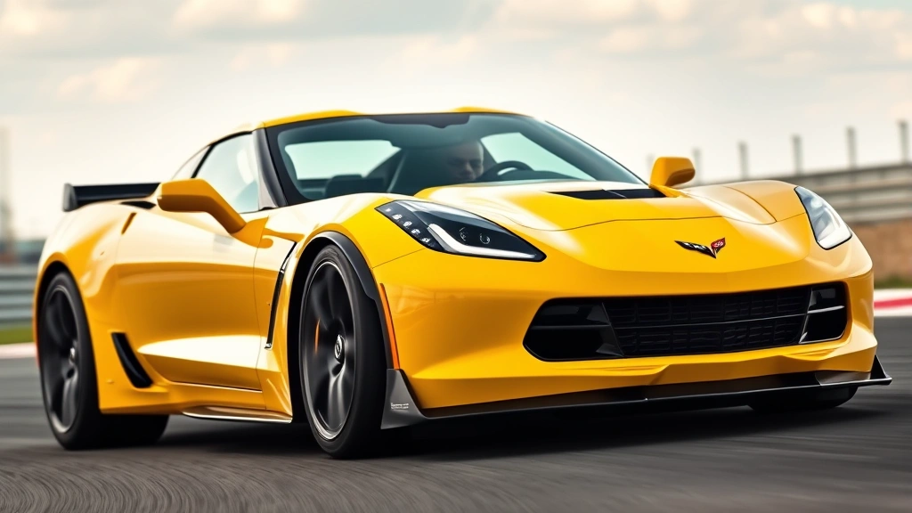 Chevrolet Corvette Z06 sports car in yellow bright color, dynamic motion shot on track, aggressive stance with visible aerodynamic elements, professional racing photography, shallow depth of field