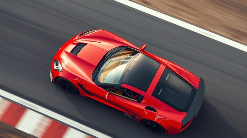 Vibrant red Chevrolet Corvette Z06 mid-engine sports car photographed from above on racetrack, blurred background, dynamic motion composition