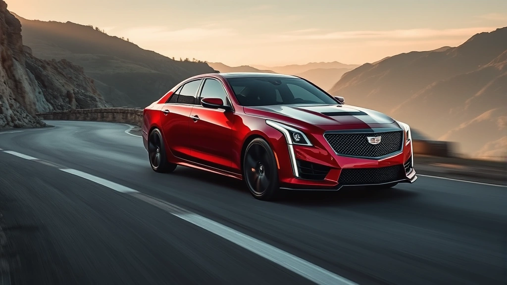 Red Cadillac CT5-V Blackwing sport sedan captured in dynamic motion on curved mountain road with landscape background, dramatic lighting