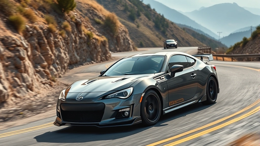 High-performance dark gray sports sedan captured mid-corner on a winding mountain road, showcasing aggressive stance and dynamic driving capability, natural daylight