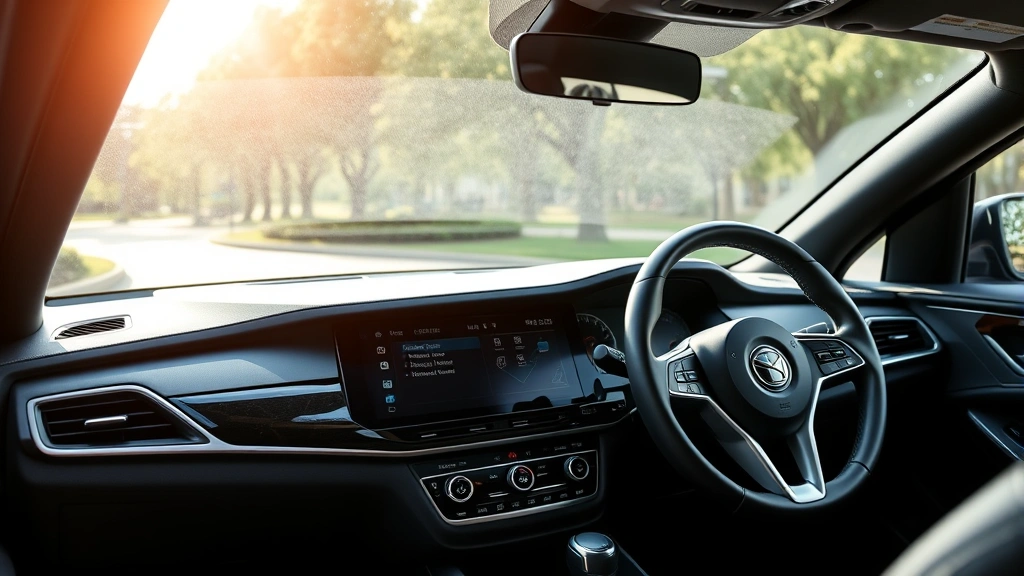 Close-up of modern sedan dashboard displaying infotainment system, steering wheel, and premium interior materials in natural daylight