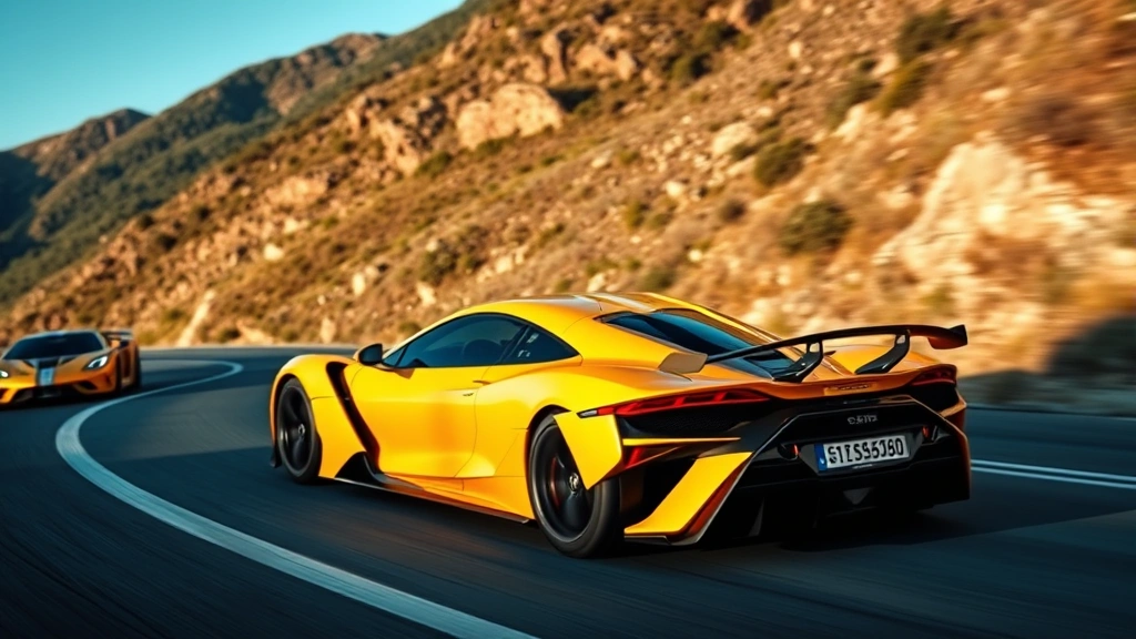 High-performance sports car on curved mountain road, emphasizing dynamic handling and aggressive aerodynamic design in natural daylight