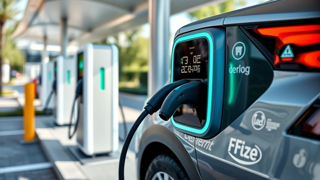 Modern electric vehicle charging at public station with LED indicators, sleek contemporary design, outdoor daylight, automotive charging technology focus