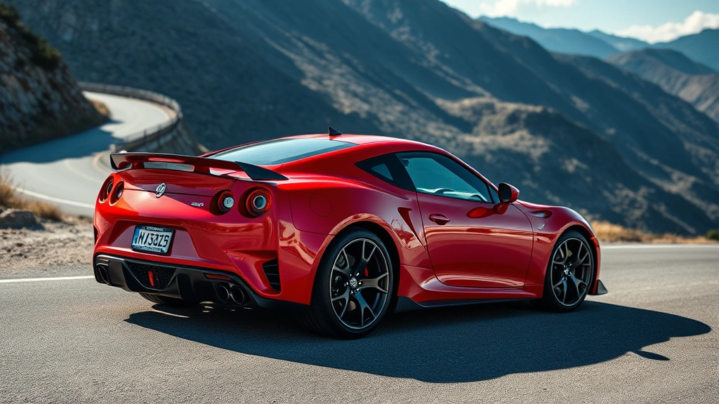 Red sports car photographed from three-quarter angle on a mountain road with curves visible in background, showcasing aggressive aerodynamics and wheel design