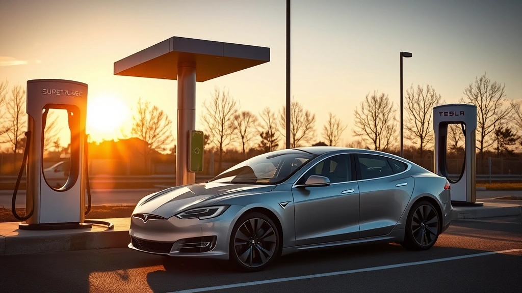 Tesla Model S Plaid charging at Supercharger station, sleek silver finish, modern charging infrastructure visible, sunset lighting creating dramatic shadows