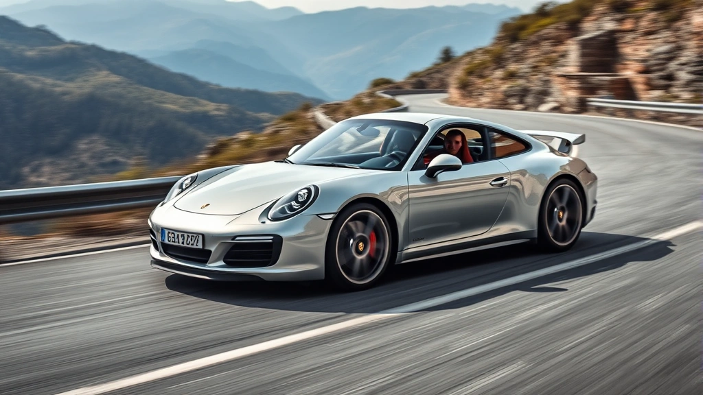 Porsche 911 992 Carrera in silver metallic driving on winding mountain road with blurred landscape, dynamic motion photography, showcasing legendary sports car handling and performance