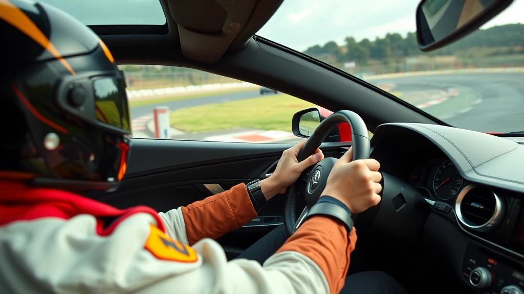 Sports car driver gripping steering wheel during aggressive cornering maneuver, high-performance vehicle leaning into turn, track environment, professional racing driver