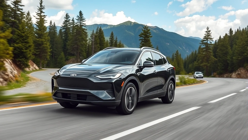 Compact electric crossover SUV in motion on winding mountain road with forest scenery, dynamic driving angle, professional automotive photography
