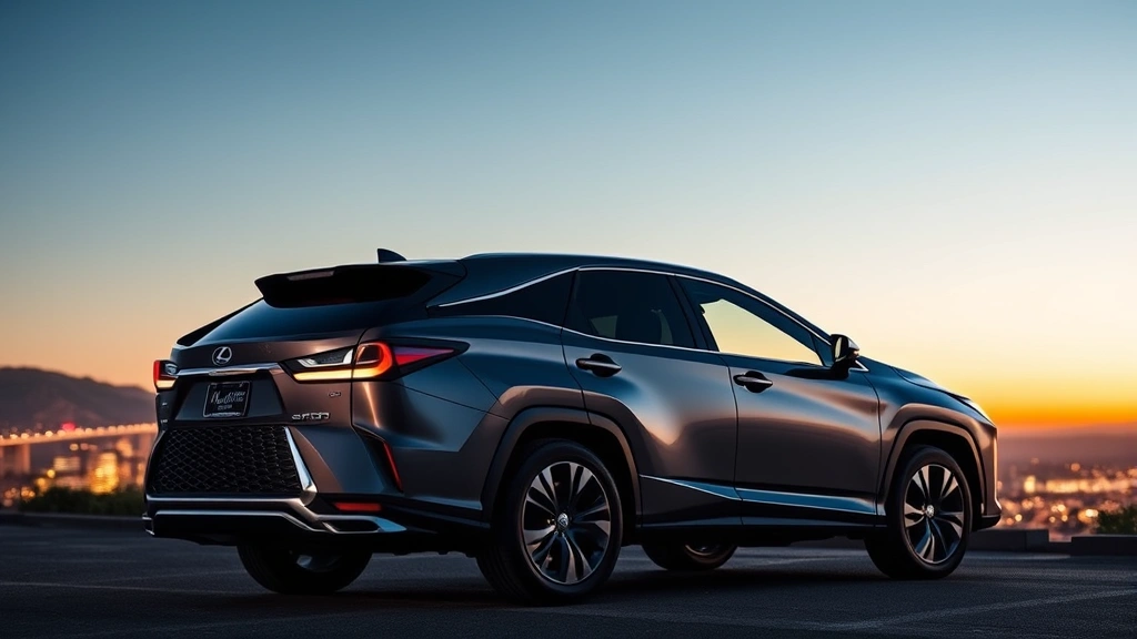 Lexus RX 500h F Sport luxury hybrid SUV parked at sunset overlook with city lights in background, sleek design highlighted by golden hour light