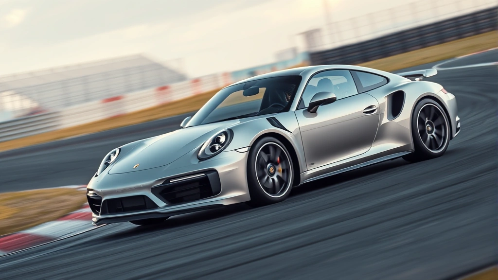 Silver Porsche 911 Turbo S cornering on race track, dynamic driving position, blurred background, professional track photography