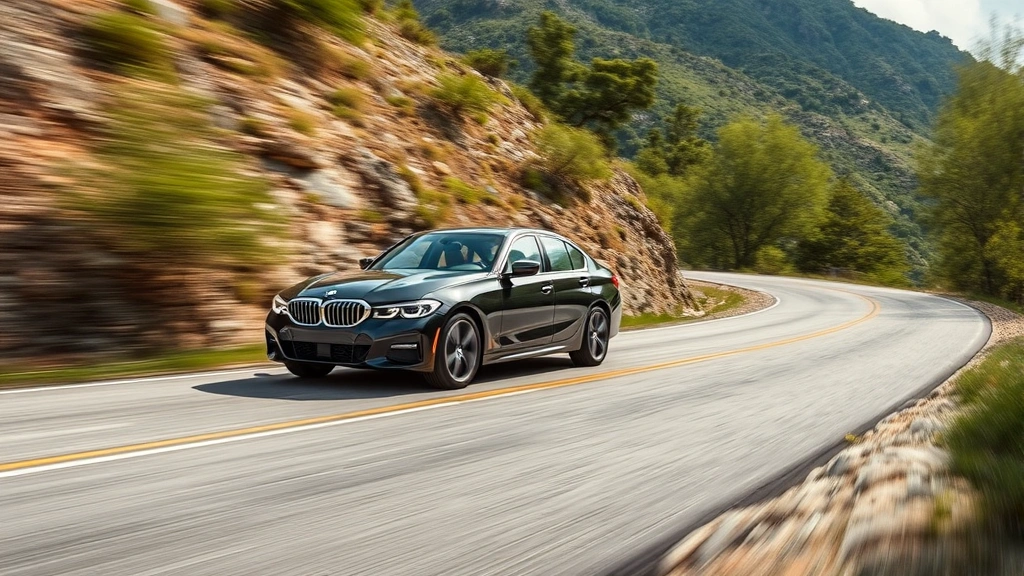 2024 BMW 3 Series luxury sedan in motion on winding mountain road, dynamic driving shot, premium performance aesthetic, professional quality