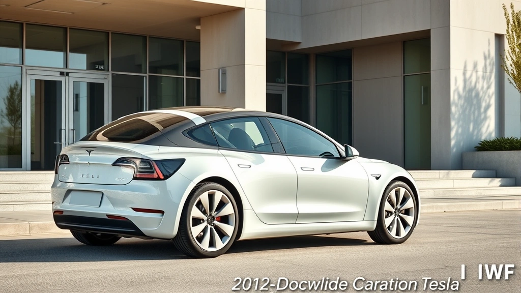 Modern Tesla Model 3 in pearl white multi-coat parked near contemporary architecture, minimalist design aesthetic, daytime natural lighting, clean composition