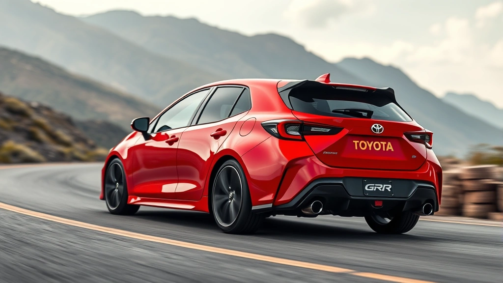 Toyota GR Corolla hatchback in hot lava red, dynamic cornering shot on winding mountain road with blurred background, showcasing athletic stance and aggressive body lines