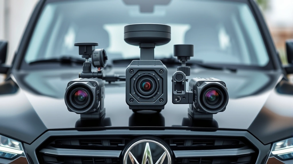Close-up of vehicle camera and sensor array mounted on front bumper and windshield, multiple optical lenses and radar units, professional automotive safety technology