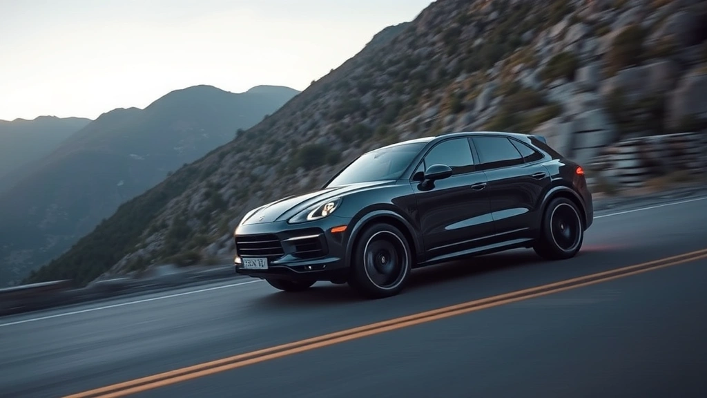 Porsche Cayenne Turbo GT performance SUV dynamic driving shot on mountain road, aggressive stance, premium wheel design, cinematic automotive lighting
