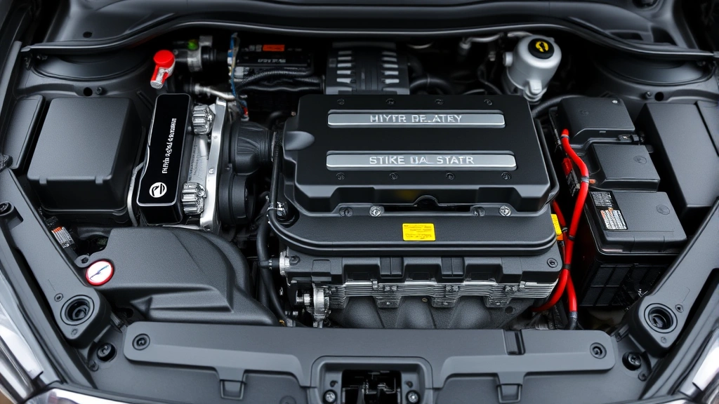 Close-up of regenerative braking system components and hybrid battery pack inside engine bay, displaying advanced electrical systems and power management technology